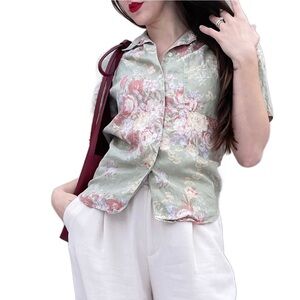 Lauren Ralph Lauren Linen Green Floral Toile Print Short Sleeve Button Shirt S